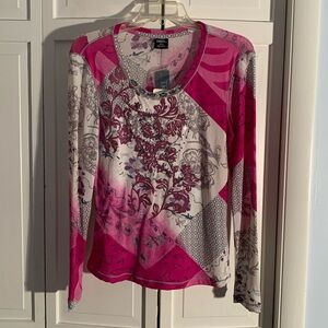 Tribal Sportswear Chic Pink & White Blouse with Elegant Floral Design 🆕